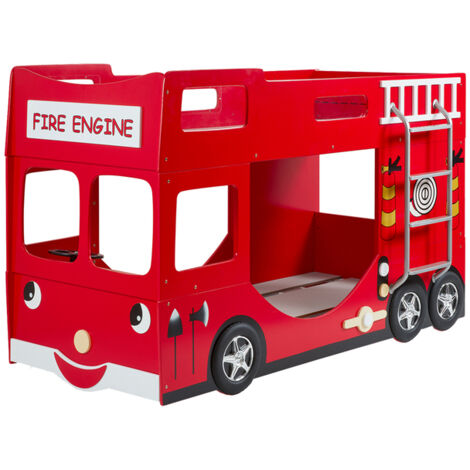 Les Tendances – Lit superposé camion de pompier 90x200 – Panneaux MDF laqué rouge – Échelle métal avec larges marches – Normes de sécurité EN 71-3