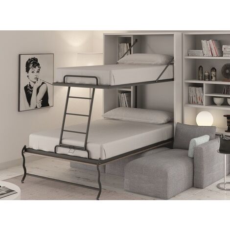 Les Tendances – Lit escamotable 2 couchages 90x190 et 140x190 cm – Structure blanche – Panneaux mélaminés 19-35 mm – Sommier intégré – Fabrication européenne