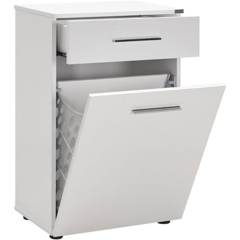 Les Tendances – Meuble bas blanc avec panier à linge – Dimensions L 52 x H 187 x P 38 cm – Bois mélaminé – Pieds et poignées en métal chromé