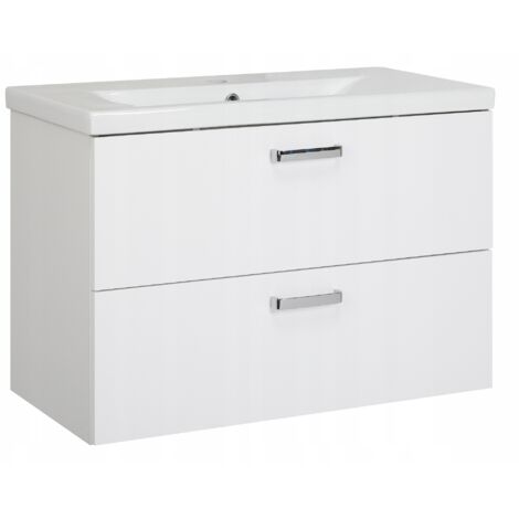 Les Tendances – Meuble de salle de bain 80 cm – Blanc brillant – Corps en panneau laminé – Lavabo en céramique 82 x 40 cm – Fermeture silencieuse