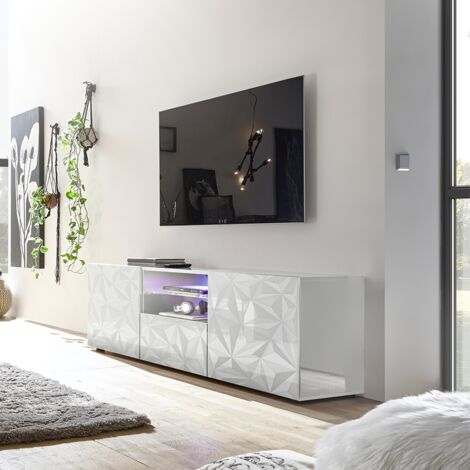 Les Tendances – Meuble TV blanc laqué brillant 181x43x57cm – Panneau de particules traité anti-rayure – Design contemporain avec rangement intégré