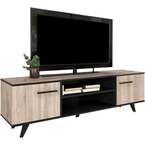 Les Tendances – Meuble TV chêne brossé et noir 151x39x46 cm – 2 caissons et 2 compartiments ouverts – Finition mélamine haute qualité