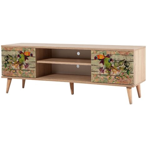 Les Tendances – Meuble TV en bois mélaminé clair à lamelles – Dimensions L 140 x H 50 x P 40 cm – Niche centrale L 59 x H 15 cm – Fabrication européenne