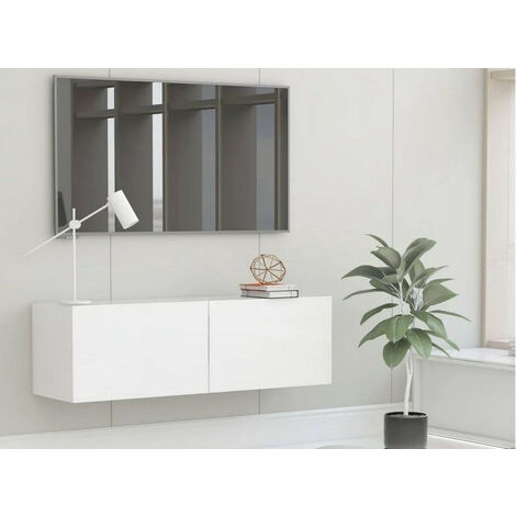 Les Tendances – Meuble TV suspendu 2 portes en bois MDF blanc – Dimensions L 100 x H 30 x P 30 cm – Rangement optimisé pour appareils électroniques