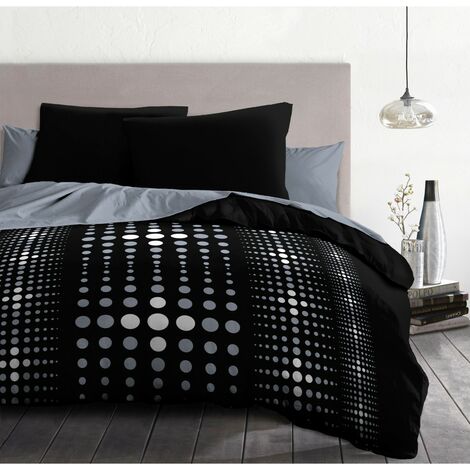 Les Tendances – Parure de couette microfibre 220 x 240 cm – Housse 100% polyester – Lavable en machine – Motif graphique noir et gris