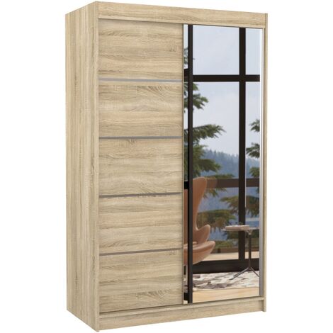 Les Tendances – Petite armoire de chambre 2 portes coulissantes bois clair avec miroir – Dimensions L 120 x H 200 x P 58 cm – Penderie et étagères réglables