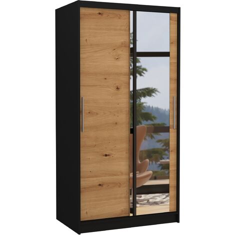 Les Tendances – Petite armoire noire 100 cm – 2 portes coulissantes en bois artisan et miroir – Aménagement intérieur penderie et étagères réglables