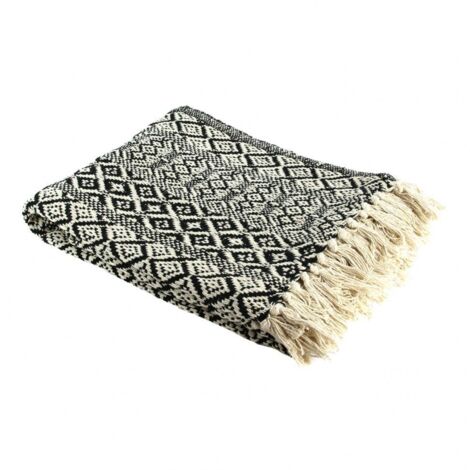 Les Tendances – Plaid ethnique à franges 120 x 150 cm – Coton écru et noir – Motifs géométriques pour décoration intérieure – Facile d'entretien
