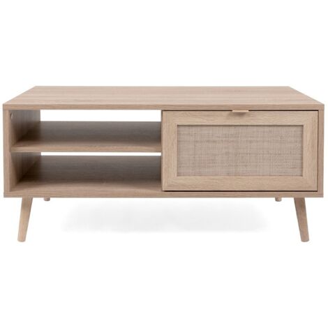 Les Tendances – Table basse fixe 100x60x46 cm – Décor cannage naturel – Structure panneaux de particules et pieds en bois massif – Prête à monter