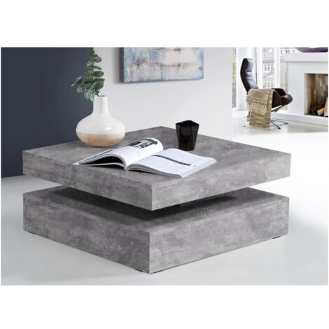 Les Tendances – Table basse pivotante carrée en panneau de particules – Décor béton gris clair – Dimensions L 78 x P 78 x H 35,4 cm – Pour espaces contemporains