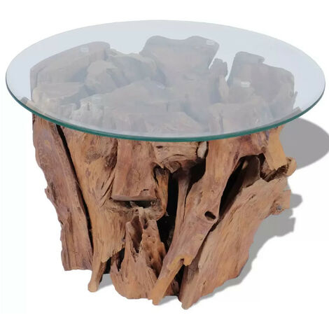 Les Tendances – Table basse ronde en teck massif avec plateau en verre trempé 0.8cm – Style rétro unique – Fabrication artisanale