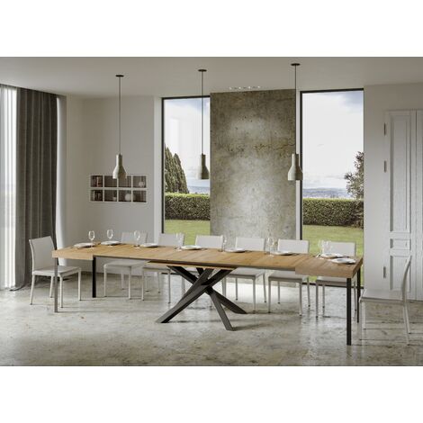 Les Tendances – Table extensible 8 à 20 personnes chêne naturel – Longueur 180 à 440 cm – Pieds entrelacés anthracite – Design moderne et stable