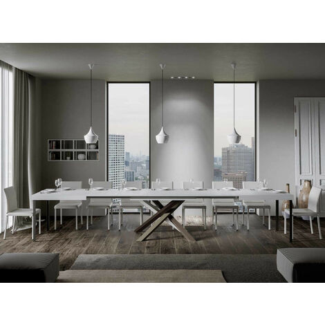 Les Tendances – Table extensible blanche 180 à 440 cm – 8 à 20 personnes – Pieds entrelacés – Bois mélaminé italien – 5 rallonges incluses