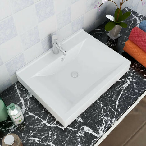 Les Tendances – Vasque à poser rectangulaire en céramique blanche 60 x 46 cm – Finition laquée – Installation au-dessus du comptoir ou suspendue