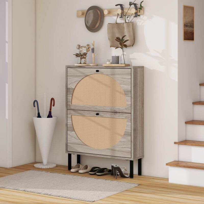 Okwish - Meuble à chaussures à deux portes, meuble de rangement gris avec portes semi-circulaires interchangeables, pour couloirs et l'entrée,