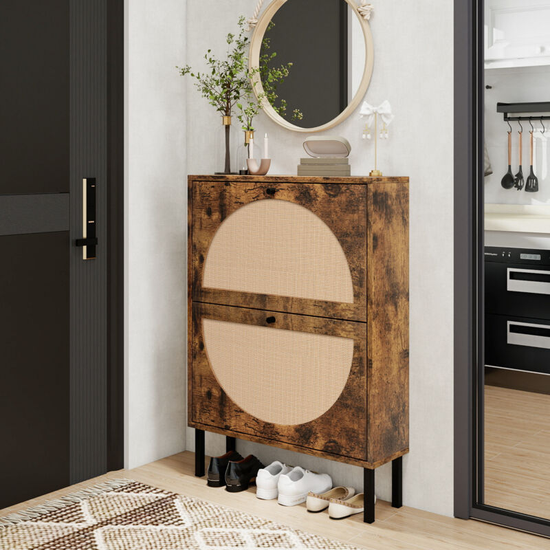 Okwish - Meuble à chaussures à deux portes, meuble de rangement en grain de bois avec portes semi-circulaires interchangeables, pour couloirs et