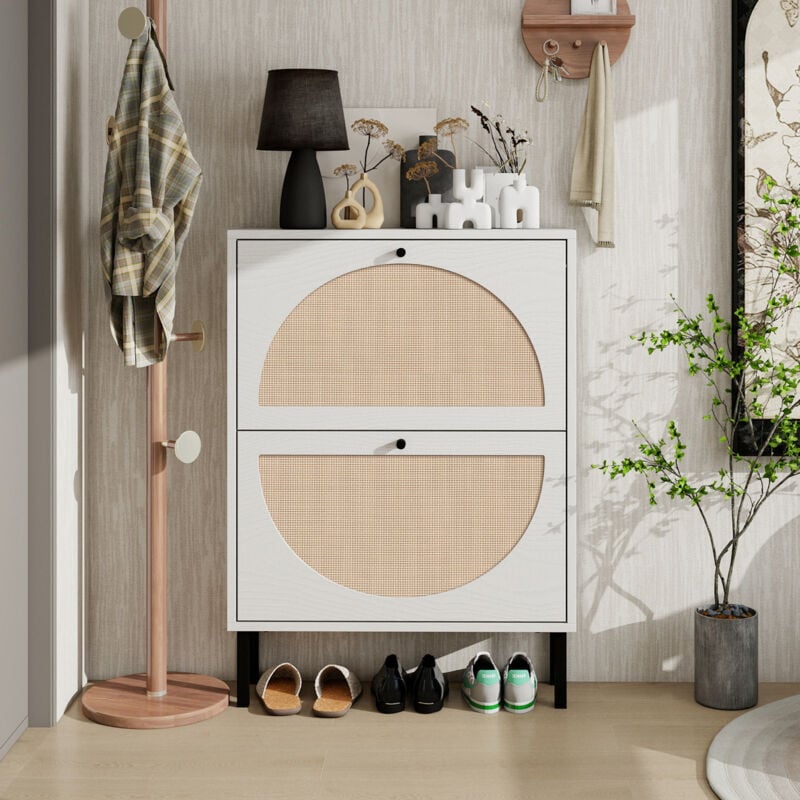 Okwish - Meuble à chaussures à deux portes, meuble de rangement blanc avec portes semi-circulaires interchangeables, pour couloirs et l'entrée,