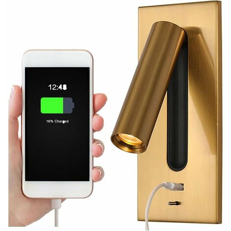 Leselicht LED-Kopfteillampe Versteckter Schalter Nachttischlampe, USB-Einbau-Nachttischlampe, Wandleuchte, Leselicht, Wandleuchte, 350 ° 90 ° drehbar, faltbar, Messing, 3000 K warm