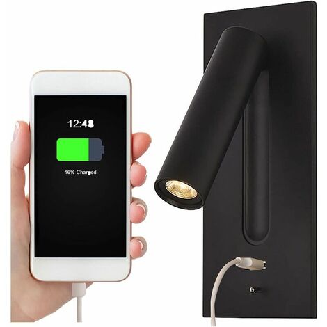 Leselicht LED-Kopfteillampe Versteckter Schalter Nachttischlampe, USB-Einbau-Nachttischlampe Wandleuchte Leselicht, Wandleuchte, 350 ° drehbar 90 ° faltbar, Schwarz, 4000 K Neutral