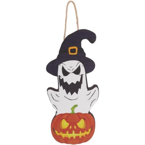 Letrero de madera para Halloween con diseño de calabaza y fantasma, placa de madera impresa, tablero rústico, arte de pared, adornos colgantes, decoraciones para la entrada, inauguración de la casa, 3