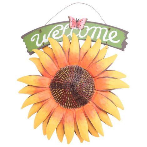 Letreros colgantes de metal para jardín, placa decorativa pintada a mano con forma de girasol para la puerta principal.