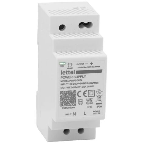 LETTEL - Alimentation 230Vca/24Vcc, puissance 30W. Fixation rail-din, largeur 2 modules. - AMP2-30-24