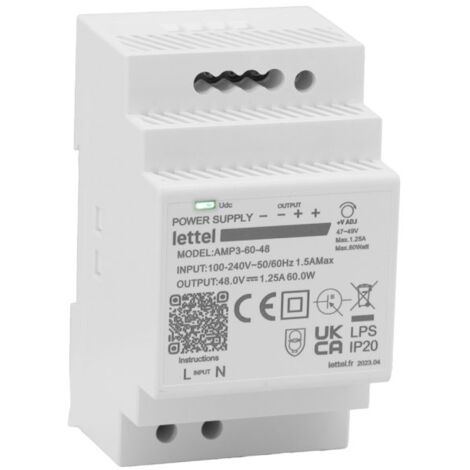 LETTEL - Alimentation 230Vca/24Vcc, puissance 60W. Fixation rail-din, largeur 3 modules. - AMP3-60-24