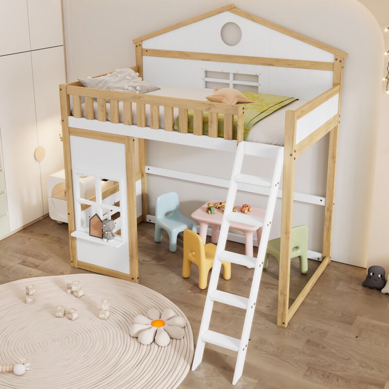 Hauss Spole - Letti a casetta/letto a soppalco 90x200 cm, letto per bambini, protezione anticaduta, pino + mdf, bianco + naturale