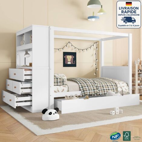Letti con 5 cassetti 90x200 cm, legno, senza materasso, letti per bambini, senza materasso, bianco