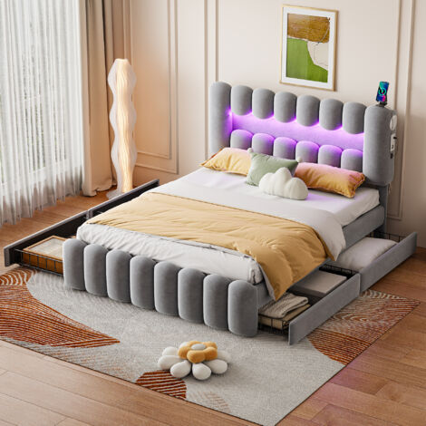 Letti con cassetti 160x200cm letti matrimoniale per adulti/bambini con 4 cassetti, LED, USB, velluto, senza materasso, grigio