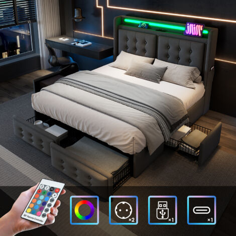 Letti con cassetti 160x200cm Letti matrimoniale per adulti con 4 cassetti, USB e LED, rete a doghe, cotone e lino, senza materasso, grigio