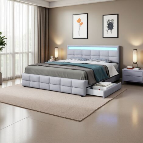 MODFU Letti con cassetti 180x200cm letti matrimoniale per adulti con 4 cassetti, LED, testiera regolabile in altezza, velluto, senza materasso, grigio