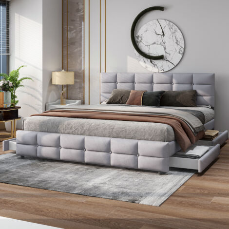 Letti con cassetti 180x200cm letti matrimoniale per adulti con 4 cassetti, testiera regolabile in altezza, velluto, senza materasso, grigio