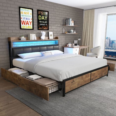 PERGAR 180x200,letto matrimoniale 180x200,letti per adulti,letti contenitori con 4 cassetti, rete a doghe e testiera, luci a LED, PU, nero