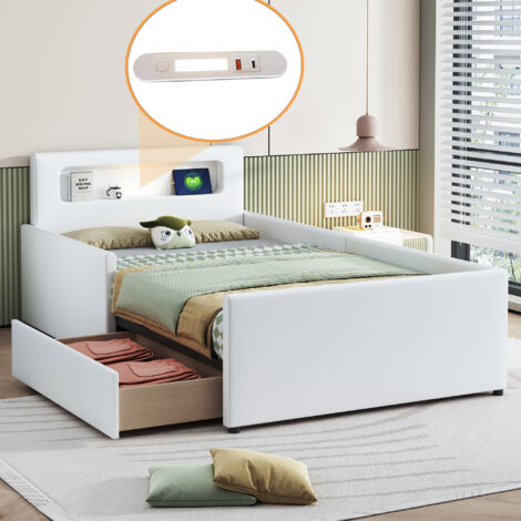 Letti con cassetti 90x200cm letti per bambini con 1 cassetto, letti singolo con luce notturna e USB, PU, ​​senza materasso, bianco