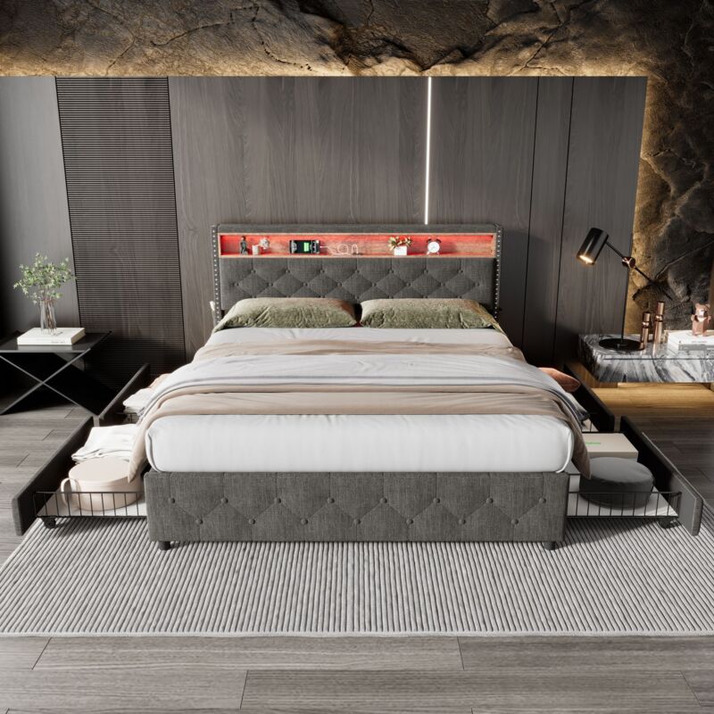 Letti con cassetti per adulti, letto matrimoniale imbottito, led, usb, 4 cassetti, lino, senza materasso, 140x200cm, grigio