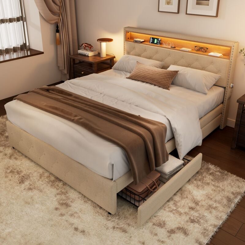 Letti con cassetti per adulti, letto matrimoniale imbottito, led, usb, 4 cassetti, lino, senza materasso, 160x200cm, beige