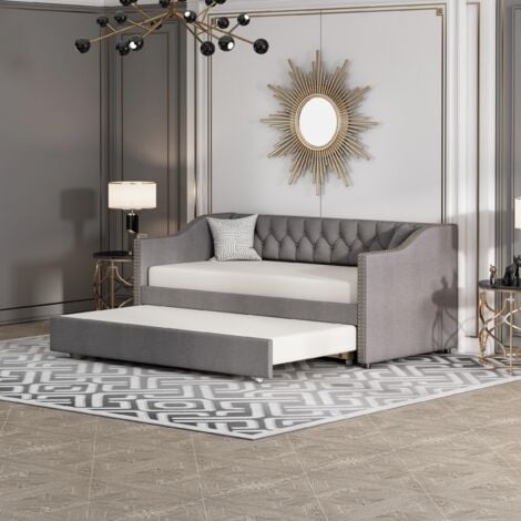 TANANT Letti con letti estraibili 90/180x200 cm, tessuto, Divano letto trasformabile, rete a doghe, giroletto, schienale comfort con finitura diamantata, Letto per adulti - Grigio