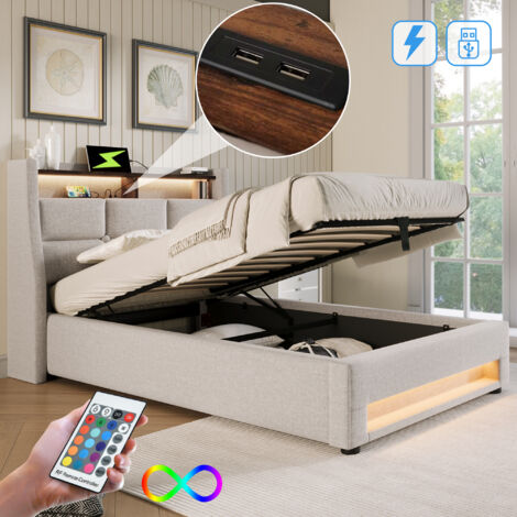 Letti contenitore 90x200 cm, letti adulto con USB e LED, letti matrimoniale imbottito, Legno+Metallo+Lino, senza materasso, Beige