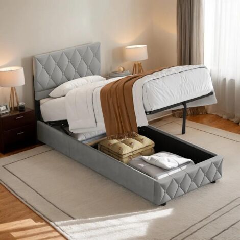 Letti contenitore, letti per adulti con rete a doghe, 90x200 cm, testiera regolabile, grigio, senza materasso