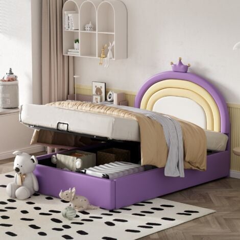 MODFU Letti contenitore per bambini 140x200cm matrimoniale, idraulico, testiera ad arco regolabile, PU, ​​senza materasso, viola