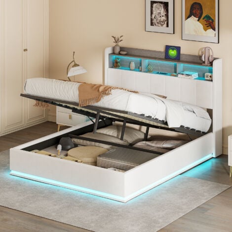 PERGAR Letti contenitori 140x200,letto matrimoniale 140x200,letto adulti,con testiera contenitore, rete a doghe in legno, USB e LED, tessuto in velluto, bianco