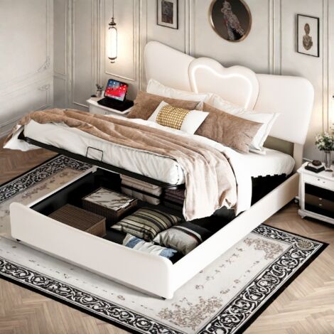 TANANT Letti contenitori 160x200cm, Letti imbottito con porta di ricarica USB, sollevamento idraulico, testiera a forma di cuore illuminata a LED, velluto, Beige