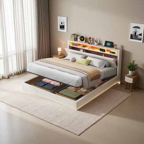 Letti contenitori 160x200cm letti matrimoniale per adulti, testiera con funzione contenitore, USB, LED, lino, senza materasso, beige