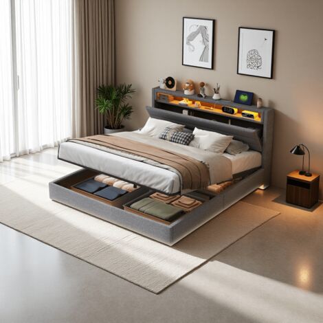 Letti contenitori 160x200cm letti matrimoniale per adulti, testiera con funzione contenitore, USB, LED, lino, senza materasso, grigio