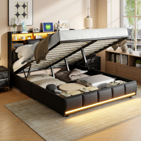 Letti contenitori 160x200,letto matrimoniale 160x200,letti adulti 160x200 con rete a doghe, striscia luminosa a LED, porta di ricarica USB, vano contenitore, PU, nero