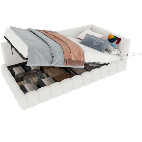 Letti contenitori 90x200 cm, LED, USB, Type-C, idraulico, divano letto singolo per bambini, senza materasso, velluto di lana imitazione, bianco