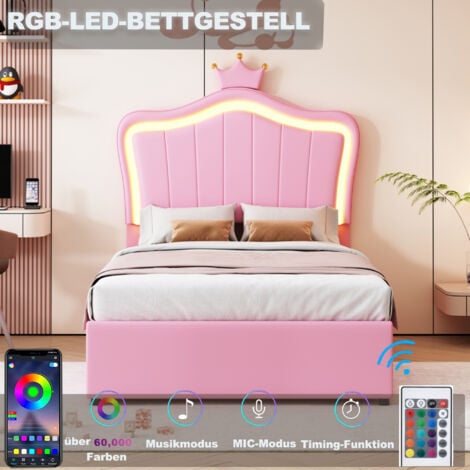 MODFU Letti contenitori 90x200cm letti per adulti/bambini, letti singoli, testiera regolabile in altezza, LED, PU, ​​rosa