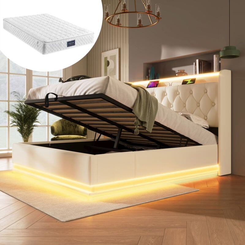 Letti contenitori, letto per adulti, letto imbottito, led, usb, pu, materasso incluso, ​​bianco, letto matrimoniale 140x200 cm