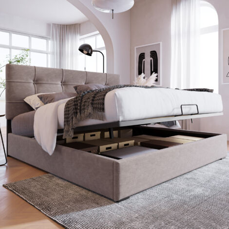 Letti contenitori per adulti/bambini 140x200cm, testiera regolabile, rete a doghe, velluto, senza materasso, grigio chiaro
